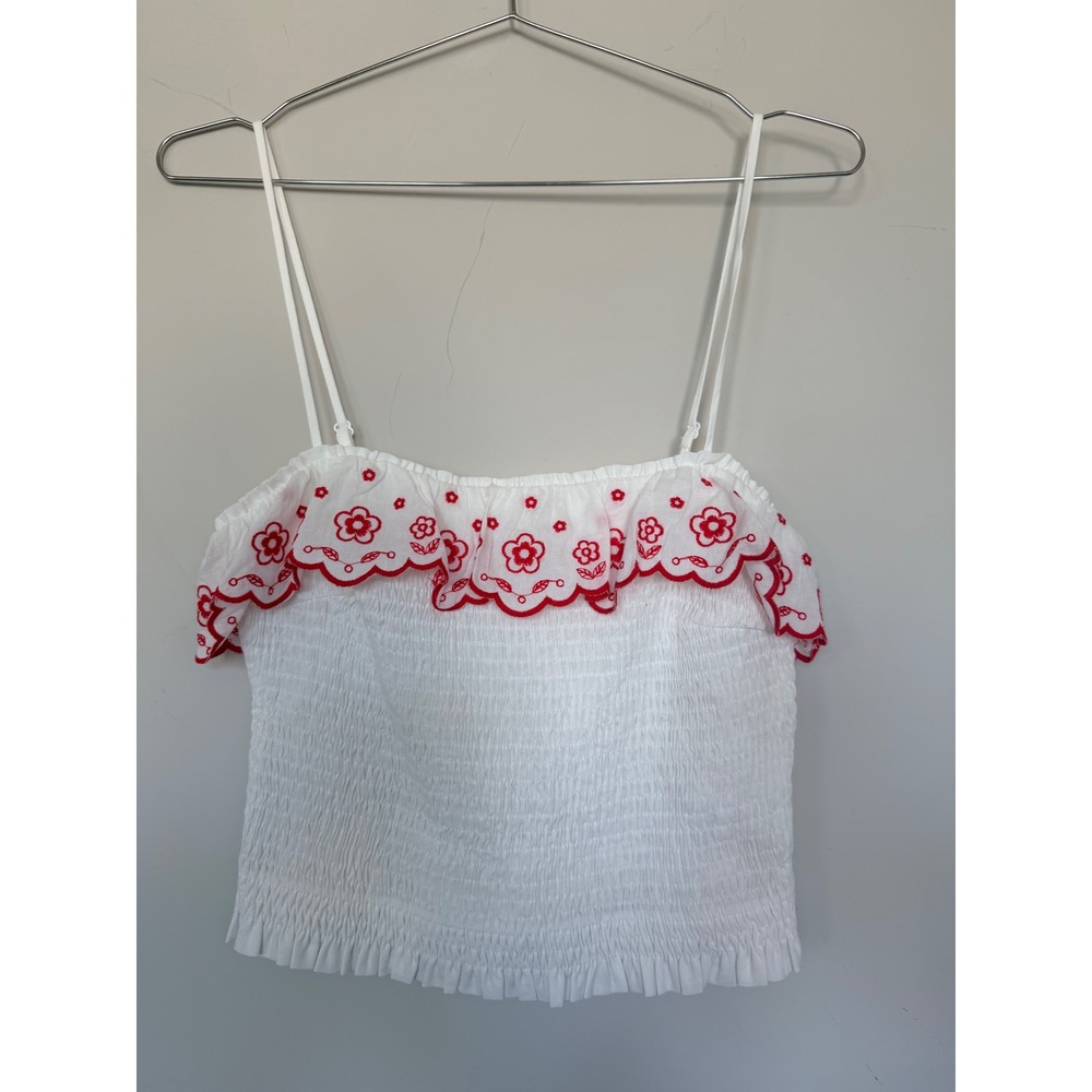 Hudson Gray White Red Floral Embroidered Smocked Cami Top Medium